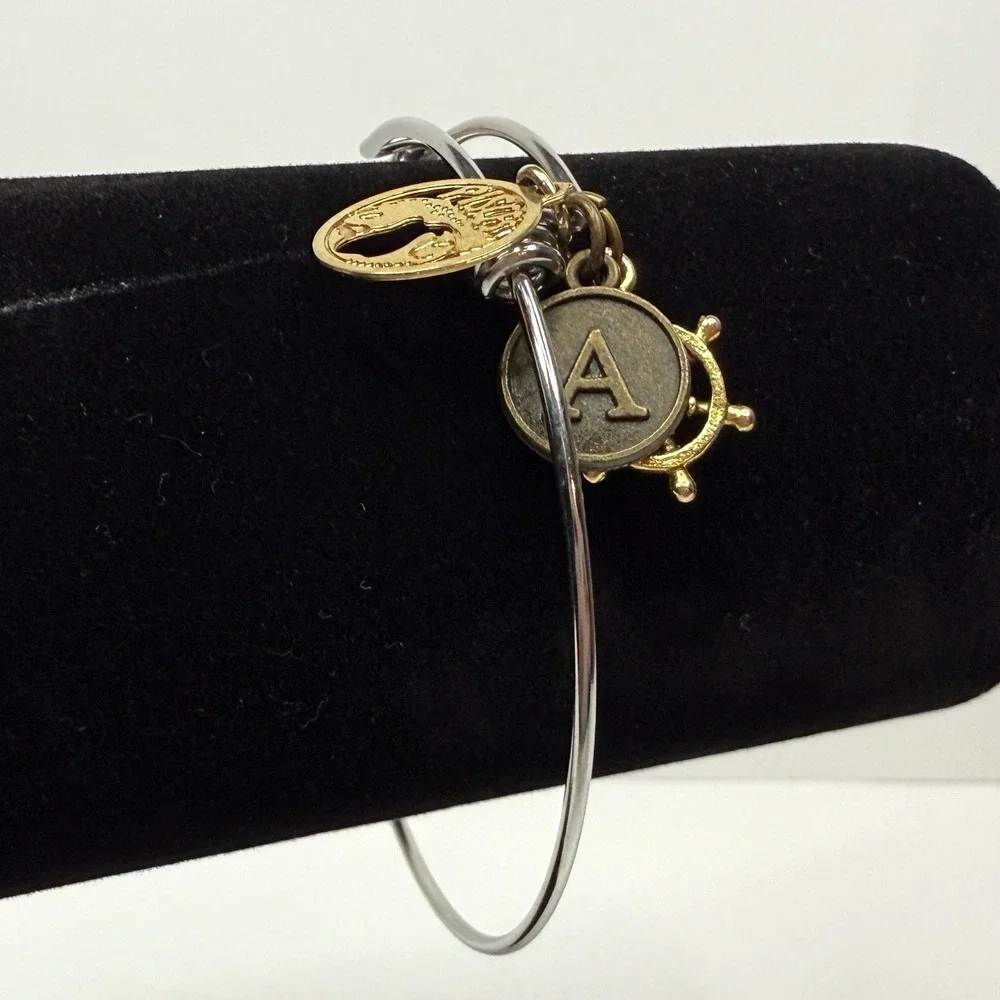 Zodiac Pisces Charm Bangle Bracelet Silver Gold Tone Initial A Nautical Wheel